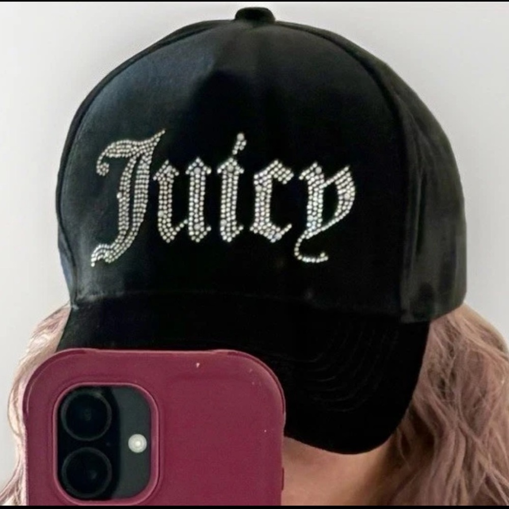 JUICY COUTURE BLK Velvet Bling Gothic Stud Logo Soft Baseball Cap Y2K Authentic